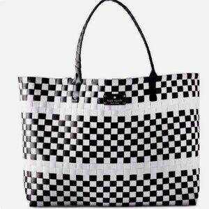 KATE SPADE NEW YORK TOTE purse Handbag Large checkered White Black Braided